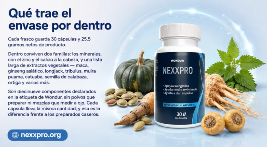 {{OFFER_NAME}} — frasco abierto con las 30 cápsulas del envase